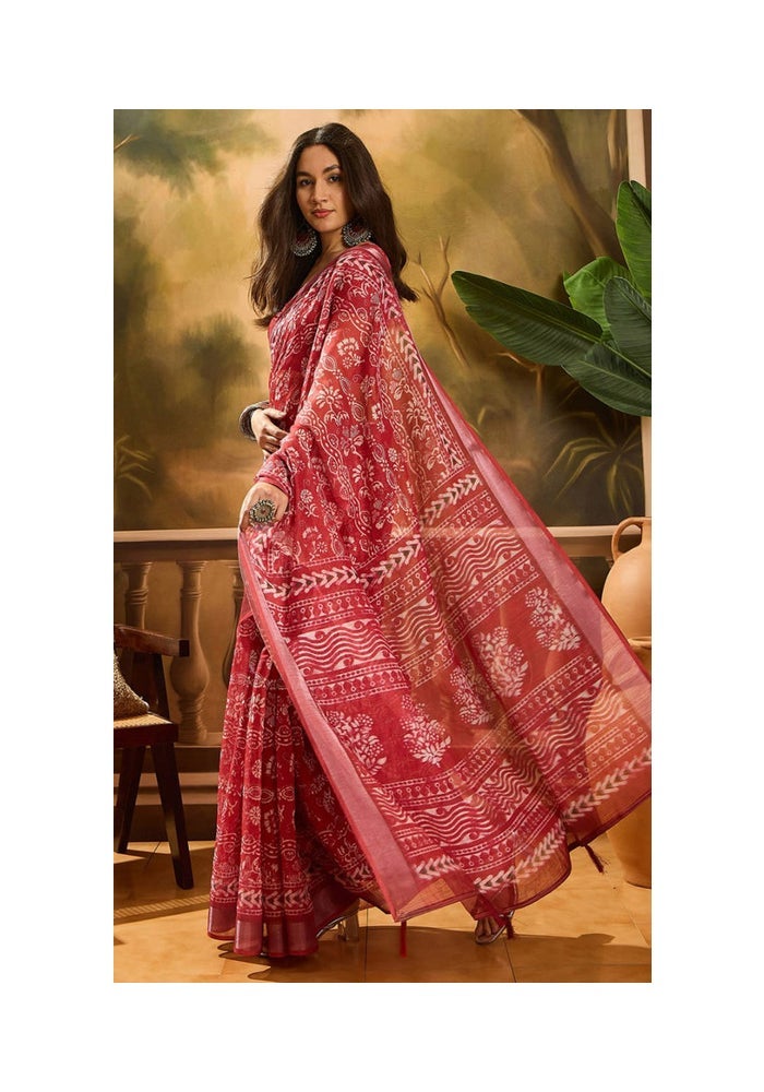 Malishka Export ساري هندسي من الكتان القرمزي للنساء - Image 5